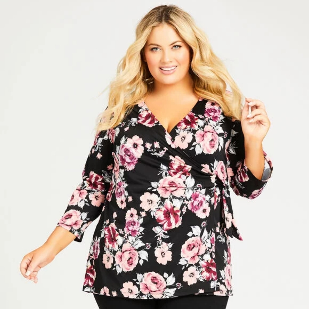 SOLD. Avenue || Black Floral Faux Wrap Top - Picture 1 of 2